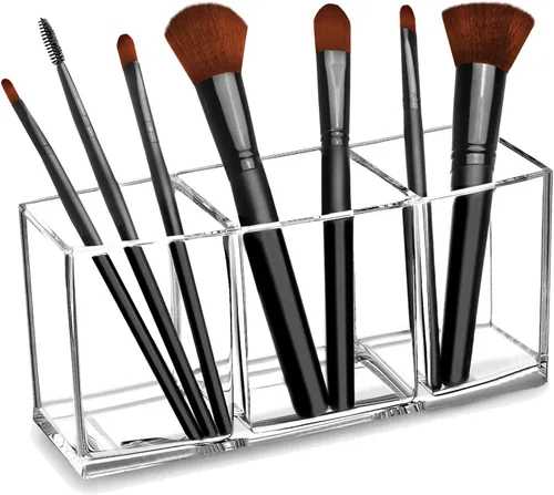 Organizador de brochas de maquillaje transparente, organizador de brochas de maquillaje acrílico de alta calidad, 3 compartimentos, soporte para