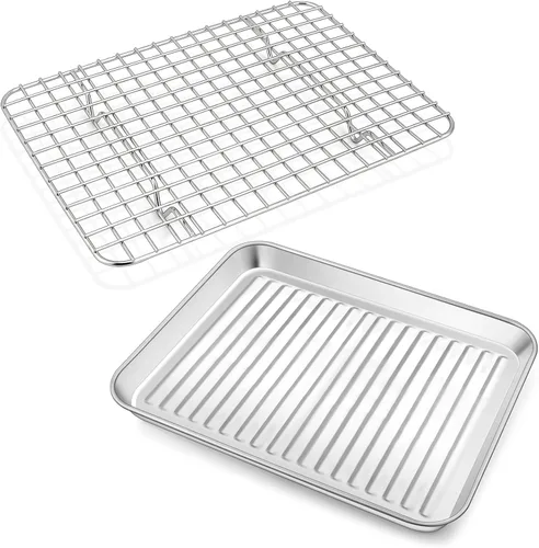 P&P CHEF Bandeja para horno tostador con rejilla de alambre, bandeja para hornear de acero inoxidable, bandeja para tocino y rejilla de enfriamiento