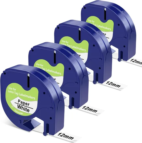Compatible con Dymo LetraTag Recambios para Etiquetadora 91330 Cinta de Papel para Etiquetadora 12mm x 4m (1/2" x 13') Reemplazo para dymo letra tag