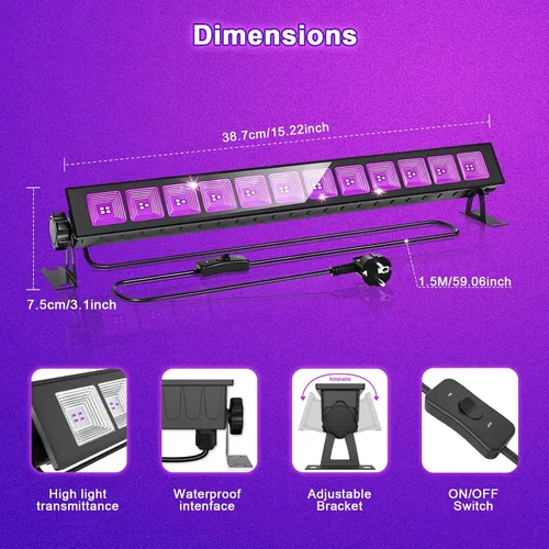 Miniatura 6 de CREATESTAR Paquete de 2 barras de luz LED negras de 45 W, luz negra impermeable IP66 con enchufe e interruptor, luz negra para fiesta brillante