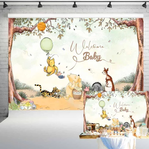 Welcome Baby Pooh Bear - Telón de fondo clásico verde para baby shower, decoración de fiesta de cumpleaños de recién nacido, 7 x 5 pies, 166
