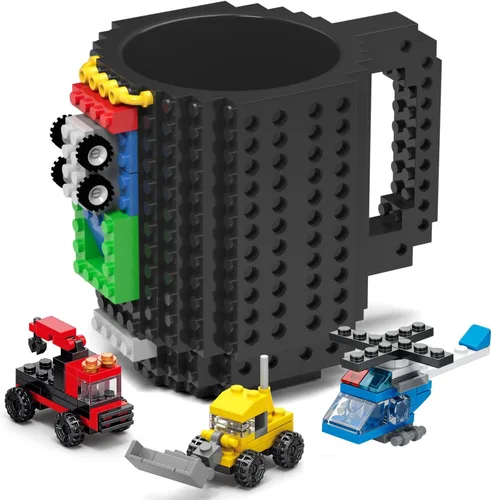 DAYMOO Juego de tazas de ladrillo integradas con 3 paquetes aleatorios de ladrillos 2 en 1, tazas de café geniales para niños, creativas, Negro