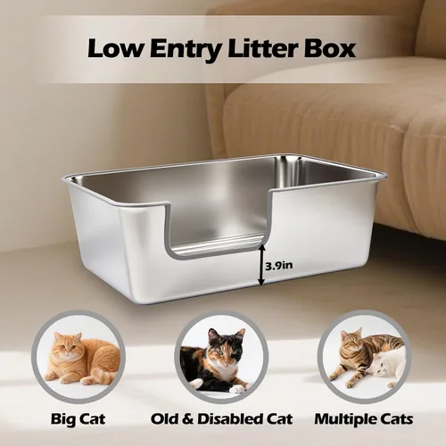 Miniatura 2 de Caja de arena para gatos TownTime de acero inoxidable, bandeja de arena mental extra grande XL Jumbo con lados altos y tapa, entrada baja para gatos