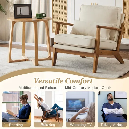 Miniatura 8 de VINGLI Silla decorativa de madera maciza con reposabrazos anchos, silla moderna tapizada de mediados de siglo con almohada, cómoda silla de lectura