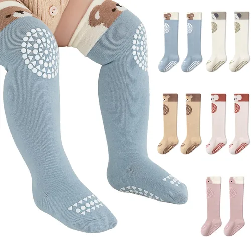 Miniatura 10 de Calcetines antideslizantes hasta la rodilla para bebés y niños pequeños, calcetines antideslizantes para recién nacidos, 5 pares