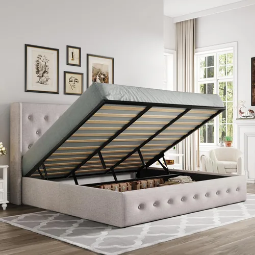 Miniatura 27 de Allewie Cama de Almacenamiento Elevable Tamaño Completo, Cabecero Capitonado con Botones con Respaldo de Ala, Soporte Hidráulico, No Necesita Gris