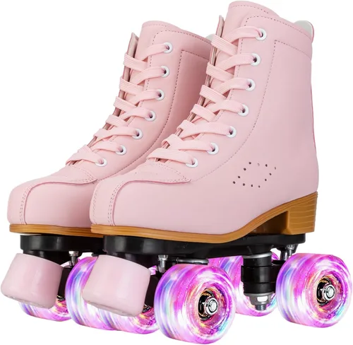 Patines de ruedas para niñas y mujeres, patines de piel sintética acogedores en color rosa y púrpura con luces, patines para interiores y exteriores