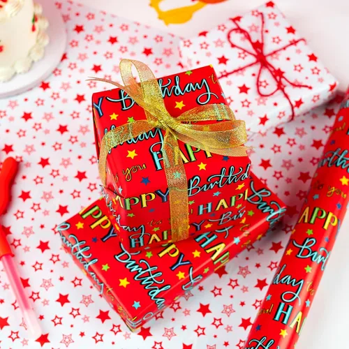 Miniatura 6 de WRAPAHOLIC - Papel de regalo reversible para cumpleaños - Mini rollo - 17 pulgadas X 33 pies - Diseño de letras "Feliz cumpleaños a ti" en rojo