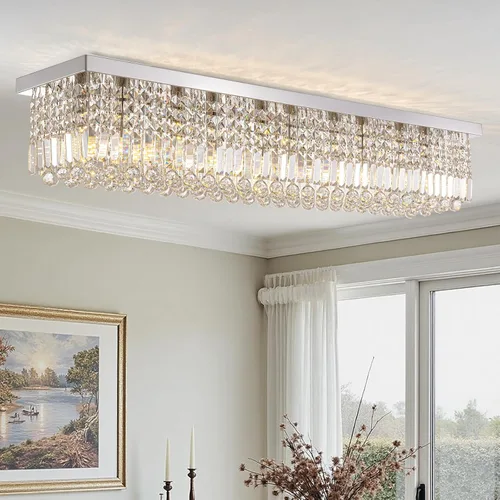 Miniatura 18 de Candelabros Modernos de Cristal para Lámpara de Comedor, Candelabro de Techo Rectangular Dorado de 6 Luces para Isla de Cocina y Sala de Estar