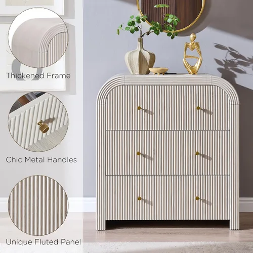 Miniatura 5 de T4TREAM Cómoda acanalada con 3 cajones, cómoda moderna de 32 pulgadas de alto con diseño de perfil curvado grueso, organizador de almacenamiento
