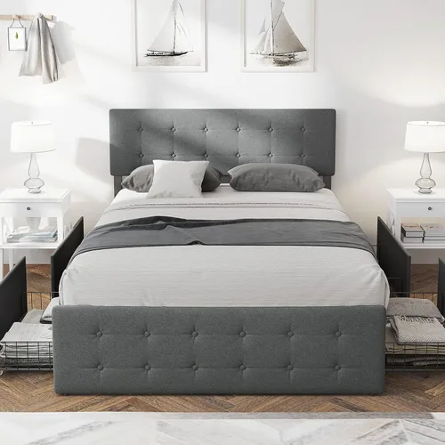 Miniatura 3 de GAOMON Base de cama de tamaño matrimonial con 4 cajones de almacenamiento y cabecero, base de colchón tapizada con plataforma completa, base