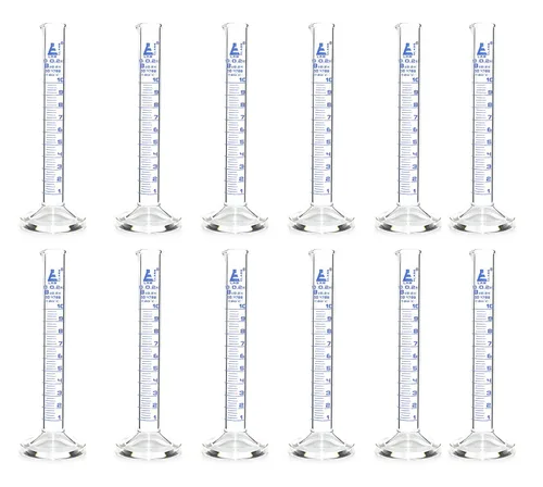 EISCO 12PK - Cilindros graduados, 0.3 fl oz, clase B, tolerancia: ± 0.0 fl oz, vidrio de borosilicato, graduaciones azules, base redonda, paquete de