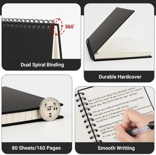 Miniatura 3 de EUSOAR - Cuaderno de espiral rayado universitario, paquete de 3 en negro A5 de 5.5" x 8.3", papel desprendible, tapa dura gruesa, 160 páginas / 80