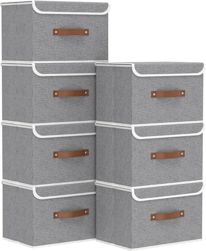 Miniatura 11 de Yawinhe SNK024BEN-1 Cajas de almacenamiento plegables, cestas apilables de tela de lino, contenedor con tapa y asa de cuero, lavable, para el hogar