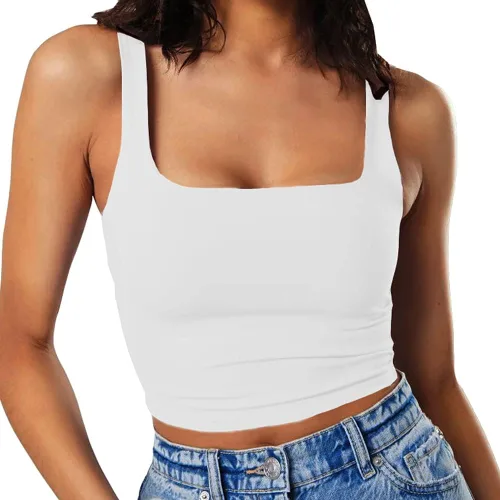 Artfish - Camiseta corta casual y básica con tirantes delgados y cuello cuadrado, sin mangas, de doble capa, ombliguera para entrenamiento y para