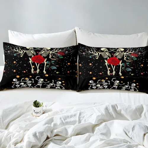 Miniatura 4 de Juego de funda de edredón de esqueleto, tamaño individual, estampado de flores de esqueleto humano, juego de ropa de cama con temática de Halloween