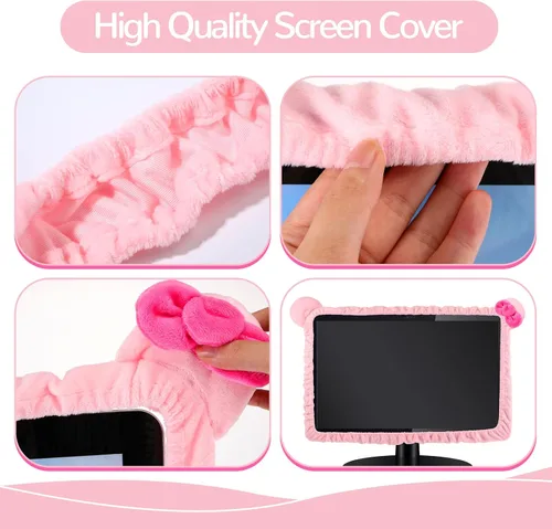 Miniatura 7 de Remagr 2 fundas Kawaii para monitor de computadora de 20 a 29 pulgadas con diseño de orejas de gato, lindo protector de polvo para monitor rosa