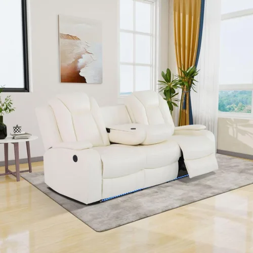 Miniatura 31 de Juego de sofá reclinable de cuero eléctrico con LED, juego de sala de estar de cuero, juego de sofá reclinable con puerto USB/soporte