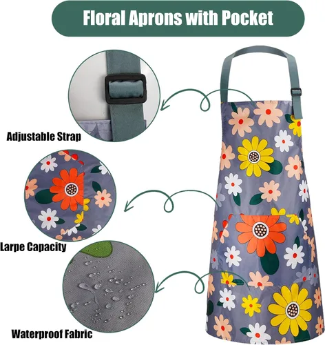Miniatura 4 de Jeffbaubl Paquete de 4 delantales florales con bolsillo, delantales de cocina ajustables, delantales impermeables para mujeres, delantales de cocina