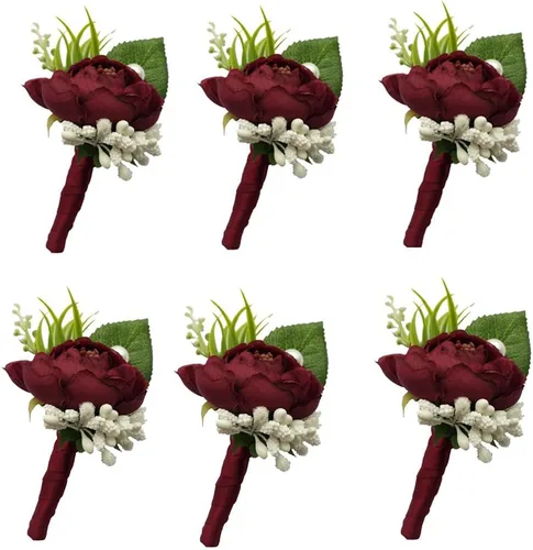 6 pedazos/lote novio Boutonniere hombre ojales DIY boda artificial flores falsas decoración del partido (rojo vino)