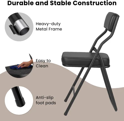 Miniatura 5 de Paquete de 2 sillas plegables acolchadas negras con cojín y respaldo de piel sintética, silla de comedor plegable tapizada con marco de metal
