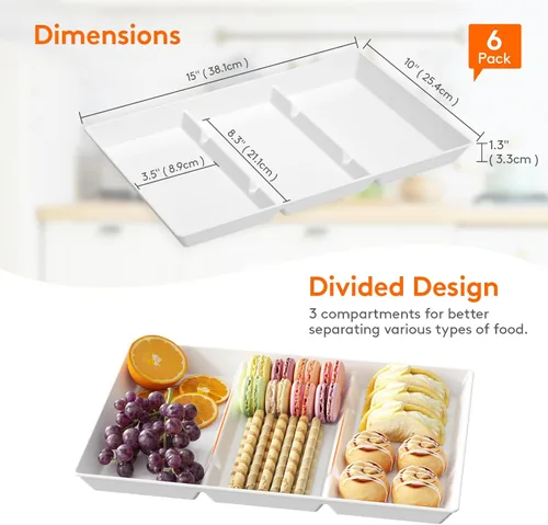 Miniatura 3 de Lifewit Bandeja de Servir Dividida para Suministros de Fiesta, 6 PCS Bandejas de Plástico de 15" x 10" para Servir Alimentos, Bandeja Blanca