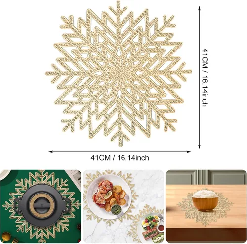 Miniatura 2 de Juegos de manteles individuales de copo de nieve de 12, manteles de mesa dorados calados resistentes al calor para Navidad, Acción de Gracias, bodas