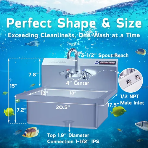 Miniatura 3 de DuraSteel Fregadero de montaje en pared de acero inoxidable 304 – Fregadero de lavado de manos comercial – Certificado NSF y CEC con grifo sin plomo