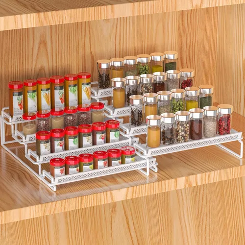 Organizador de especias ajustable de 4 niveles para gabinete, color blanco (2 piezas S & L), estante de especias expandible con barandilla de