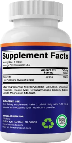 Miniatura 8 de Vitamatic Vitamina B6 (Piridoxina HCI), 50 mg 250 tabletas vegetarianas - Promueve la producción de energía, aumenta el metabolismo y el apoyo a