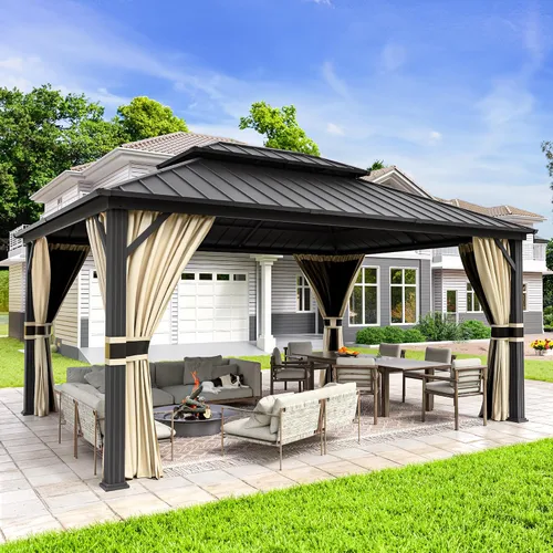 Miniatura 10 de UDPATIO Gazebo de techo rígido de 10 x 10 pies, glorieta de metal para exteriores con techo de acero galvanizado, pabellón permanente con malla