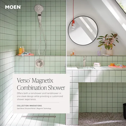 Miniatura 4 de Moen Verso Combinación de Cabezal de Ducha de Lluvia y Ducha de Mano con Dial Infiniti y Acoplamiento Magnetix, Manguera de 60 pulgadas, Níquel