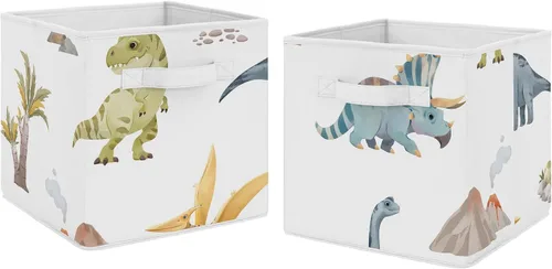 Sweet Jojo Designs Juego de 2 cubos de almacenamiento plegables de tela (dinosaurio de acuarela de dinosaurio) para niños, bebés, niños, cajas