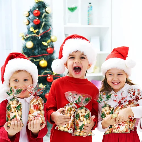Miniatura 6 de Outus 100 piezas de bolsas de celofán de Navidad, bolsas de Navidad de plástico con lazos giratorios para dulces, galletas, golosinas, envoltorios