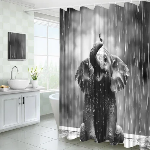 Miniatura 4 de Cortina de ducha con diseño de elefante, diseño de animales salvajes, diseño de gotas de lluvia, tela gris, con ganchos, 35 pulgadas de ancho x 70