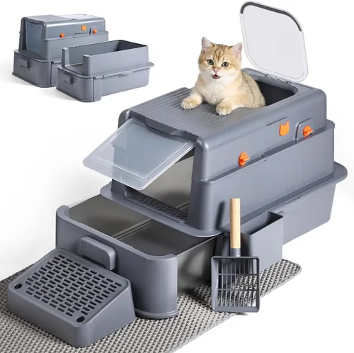 Caja de arena cerrada de acero inoxidable para gatos con tapa y alfombra, caja de arena extra grande para gatos con cajón, caja de metal para gatos