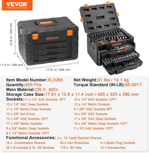 Miniatura 7 de VEVOR - Juego de herramientas para mecánicos y juego de vasos estándar y profundos, 450 piezas en unidades SAE y métricas con puntas, llave