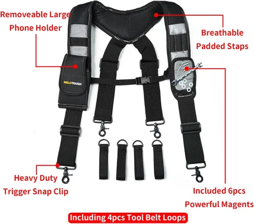 Miniatura 2 de MELOTOUGH Tirantes Magnéticos para Cinturón de Herramientas con Pulsera Magnética de Muñeca para Cinturón de Trabajo Tirantes Acolchados de Gris