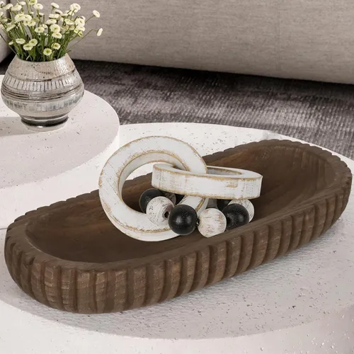 Miniatura 5 de Oakrain Cuenco decorativo de madera para decoración del hogar, cuenco de masa rústico de 16 pulgadas con rayas verticales talladas a mano, bandeja