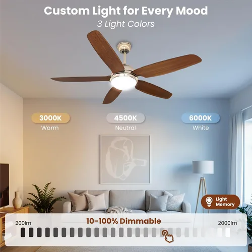 Miniatura 5 de Ventilador de techo de 52 pulgadas con luces y control remoto, moderno ventilador de techo de madera con motor de CC silencioso, 5 cuchillas