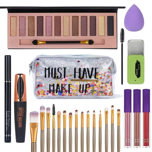 Miniatura 9 de Kit de maquillaje todo en uno, paleta de 12 colores de sombras de ojos desnudas brillantes, lápiz delineador de ojos negro resistente al agua, kit