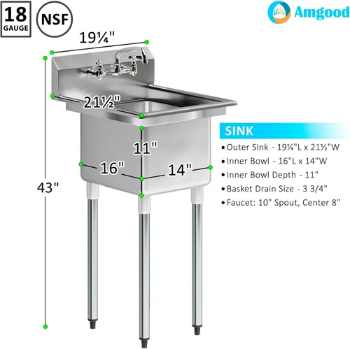Miniatura 3 de Fregadero de acero inoxidable para preparación y utilidad Acero inoxidable 304 Restaurante, cocina, lavandería, garaje