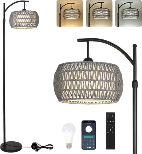 Miniatura 10 de Lámparas de pie doradas para sala de estar con control remoto y bombilla LED regulable, lámpara de pie de arco moderna con 3 temperaturas