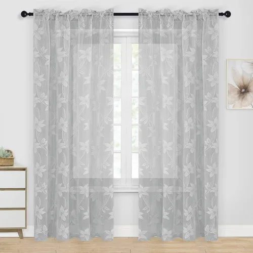 Miniatura 38 de DWCN Paquete de 2 cenefas de encaje floral para cocina, 52 x 18 pulgadas, con bolsillo para barra, cortina de gasa para ventana pequeña, cocina