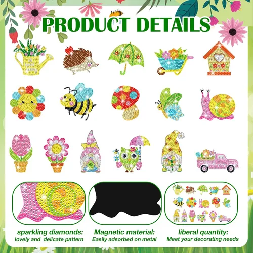 Miniatura 6 de Umigy 16 piezas de arte de diamantes de primavera para refrigerador, kits de pintura de diamantes de abeja de primavera, mariposa, gnomo, arte