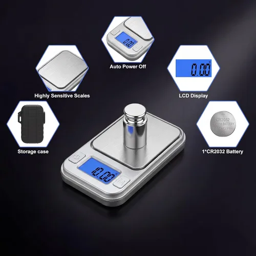 Miniatura 6 de Diyife - Mini báscula digital de gramo de bolsillo de 0.00 oz, escala de miligramos de 7.01 onzas con estuche de almacenamiento, 8 unidades, Plateado