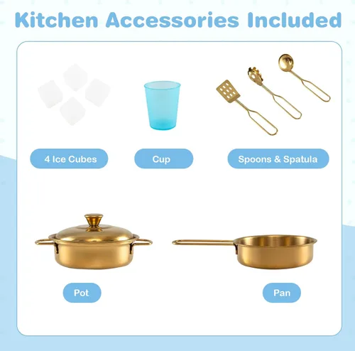 Miniatura 9 de MAT EXPERT Juego de cocina para niños, cocina de juguete de chef de madera con pizarra, máquina de hielo, accesorios de utensilios de cocina