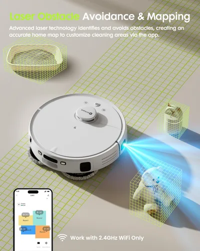 Miniatura 4 de V5 Robot aspirador y trapeador, aspiradora robótica de vaciado, succión de 8500 Pa, cortador de enredos de pelo de mascotas, navegación láser, láser