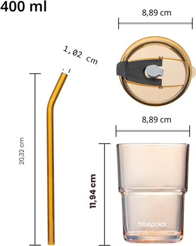 Miniatura 4 de BLUEPOLAR - Vaso de agua de vidrio de 13 oz/400 ml con popote y tapa, de pared gruesa, taza de café helado portátil sellada, vaso de vidrio