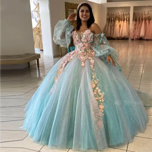 Miniatura 4 de Youjiayi Vestidos de quinceañera de manga hinchada, vestido de baile 3D floral dulce 15 16 vestidos de hombro descubierto vestidos de baile con cola